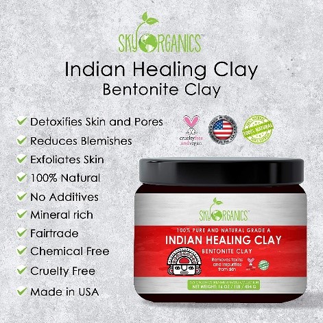 Sky Organics Indian Healing Clay with Detoxifying Bentonite Clay for Face,  100% Pure to Detoxify, Purify & Cleanse, 4 Oz. 4 Ounce (Pack of 1)